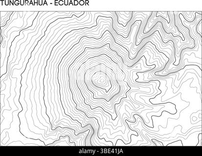 Topographic contour map of Tungurahua volcano in Ecuador showing elevation and radial terrain structure. Contour lines vector terrain background. Stock Vector