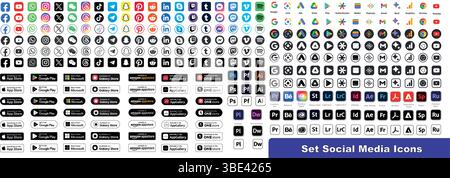 Modern social media icons collection with rounded corners. Popular app logos set isolated on transparent background.  Stock Vector