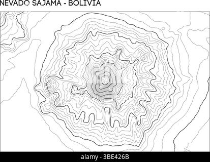 Topographic contour map of Nevado Sajama stratovolcano in Bolivia with radial elevation patterns. Contour lines vector terrain background. Stock Vector