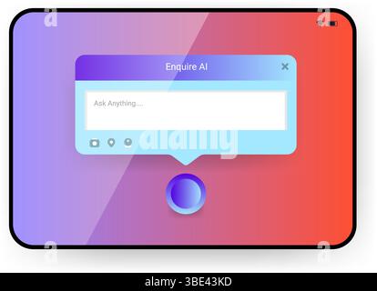 Realistic tablet device mockup displaying a user interface with a pop up chat window from an AI assistant. Stock Vector