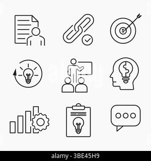 Creative Business Solutions minimal outline icon set for ideas, teamwork, goals, innovation and strategy concepts, vector illustration Stock Vector