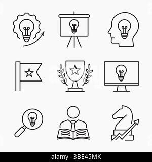 Minimal outline icon set creative business solutions for ideas, teamwork, goals, innovation and strategy concepts, vector illustration Stock Vector