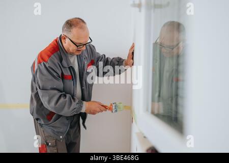 Experienced worker carefully painting a wall in a clean indoor environment Stock Photo