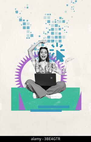 Pop trend collage of person sit front cog gear with cursor pixels on pastel background Stock Photo