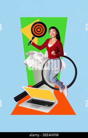 3D photo collage template trend artwork composite of young lady jump hold pan aim target laptop magnifier glass paper trash cup drink togo Stock Photo