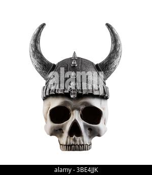 Human skull with horned helmet isolated on white background Stock Photo