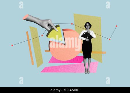 Poster image collage of person work stand near pie chart with hand on blue background Stock Photo