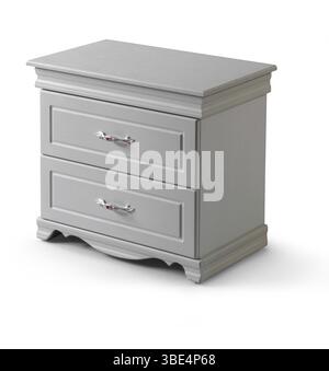white wood bedside table . Modern designer nightstand isolated on white background corner view. cabinet with two drawers Stock Photo