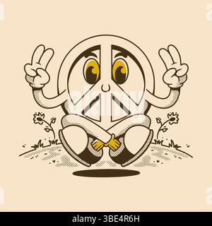 Cute peace character sitting cross-legged outdoors with a cheerful and calming retro cartoon style Stock Vector