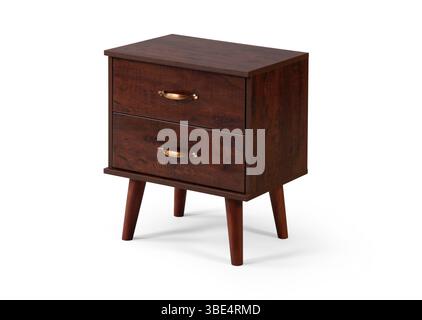 brown wood bedside table . Modern designer nightstand isolated on white background corner view. cabinet with two drawers Stock Photo