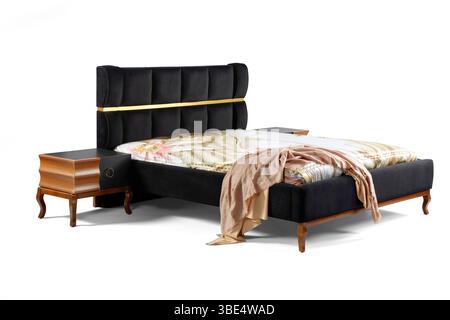 Modern bed and bedside table isolated on white background Stock Photo