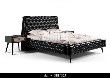 Modern bed and bedside table isolated on white background Stock Photo