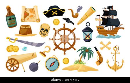 Pirate treasure. Children sailing ship. Captain hat. Wooden boat steering wheel. Scull with crossbones. Filibuster party. Island map. Chest box for golden coins. Rum bottle. Vector corsair icons set Stock Vector