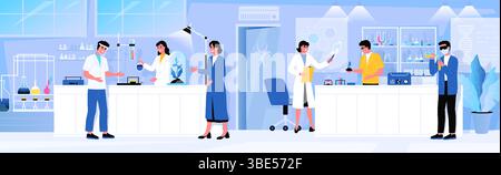Laboratory research. Scientific computer equipment. Biology or health study. Scientists work with chemical test tubes. Physics researcher. Nurse conducting experiment with microscope. Vector lab scene Stock Vector