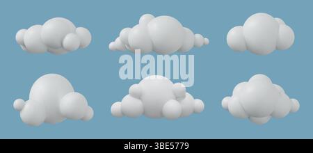 Cloud icon. 3d soft sky, cotton fluffy render of cute balloon, blue smoke weather. White cloudy air shapes. Different cloudscape. Design graphic isolated render meteorology element vector illustration Stock Vector
