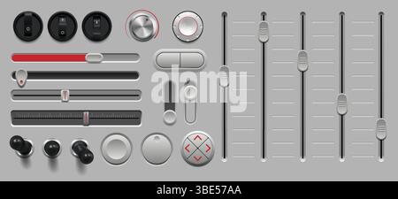 Volume button. 3D dial regulator. Music knob and slider. Sound switch. Realistic radio adjust. Amplifier level scale control. Recorder panel. Multimedia player interface. Vector console indicators set Stock Vector