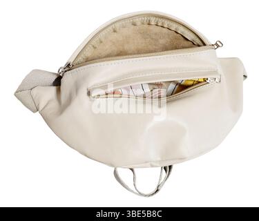 handcrafted open gray leather waist bag isolated on white background Stock Photo