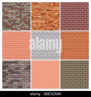 Brick wall. Set of nine red and grey brick wall backgrounds. Vector illustration Stock Vector