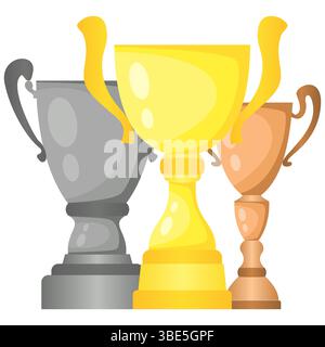 Set of vector trophy champion cups in gold, silver and bronze. Championship prizes for first, second and third place. Victory symbols isolated on whit Stock Vector