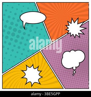 Colorful comic book page background in pop art style with empty speech bubbles. Template with rays and dots pattern. Vector illustration Stock Vector