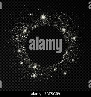 Round frame with silver glitter on dark transparent  background. Empty background. Vector illustration. Stock Vector