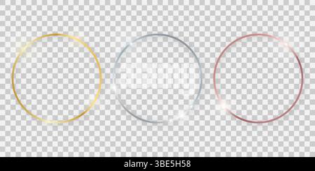 Round shiny frames with glowing effects. Set of three gold, silver and rose gold round frames with shadows on transparent background. Vector illustrat Stock Vector