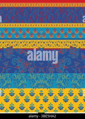 Vibrant horizontal striped textile design featuring blue yellow and red floral and bird motifs Stock Vector