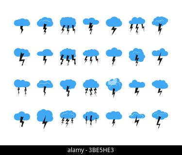 Set of twenty eight clouds with a thunderstorm. Vector illustration. Stock Vector