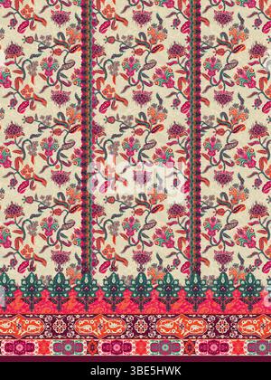 Vibrant floral textile design with intricate border detailing Stock Vector
