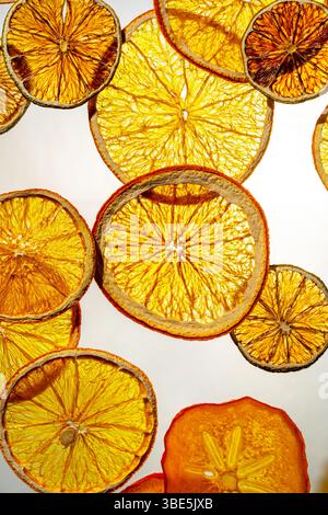 Vibrant display of dried citrus fruit slices including oranges and lemons, backlit to enhance their translucent, colorful textures. Stock Photo