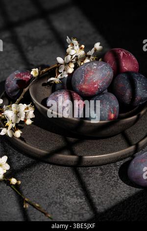 Vibrant, naturally dyed Easter eggs rest in a dark ceramic bowl, adorned with delicate cherry blossoms, capturing the essence of spring. Stock Photo