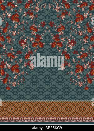 Teal and rust floral textile design with geometric border Stock Vector