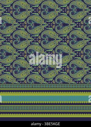 Elegant paisley and border pattern design in teal and olive green hues on a dark blue background Stock Vector
