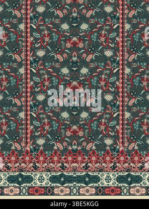 Intricate teal and red floral textile design with symmetrical border Stock Vector