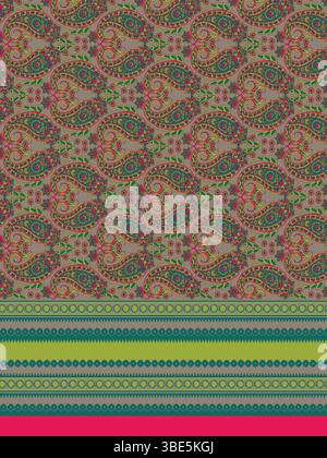 Intricate paisley and floral textile design with multicolored border Stock Vector