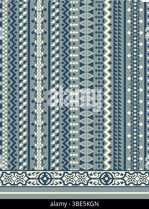 Seamless teal and cream geometric textile pattern with tribal inspired stripes and ornamental border Stock Vector