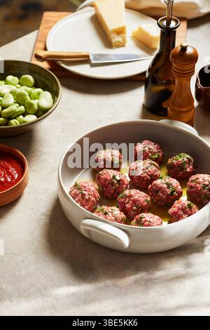 Raw meatballs seasoned with herbs in a white dish ready for cooking, surrounded by fresh ingredients like green beans, parmesan cheese, and tomato sau Stock Photo
