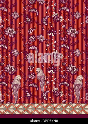Red and white floral parrot textile design with striped background and geometric border Stock Vector
