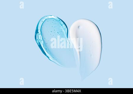 A visually appealing image showcasing two gel textures, one blue and one white, against a soft light blue background, illustrating skin care or cosmet Stock Photo