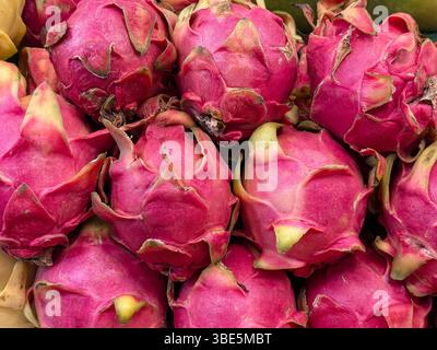 A close-up image of fresh dragon fruits with vivid pink skins and green scales, stacked together in an enticing display. The tropical fruit's exotic a Stock Photo