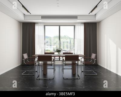 Modern living room featuring sleek metal chairs and a wooden table, enhanced by natural light from a large window with scenic views, ideal for meeting Stock Photo