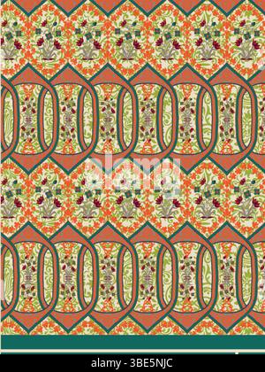 Intricate orange and green floral textile design with interlocking patterns Stock Vector