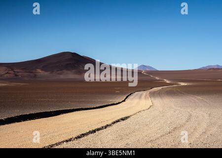 A barren yet striking landscape in La Puna, Argentina, featuring a winding road cutting through the desert with brown hills under a clear sky. Stock Photo