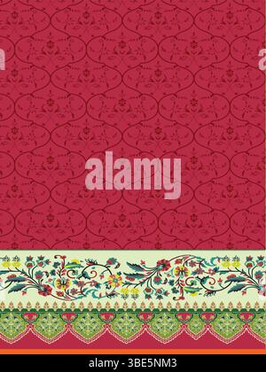 Crimson damask fabric design with colorful floral border Stock Vector