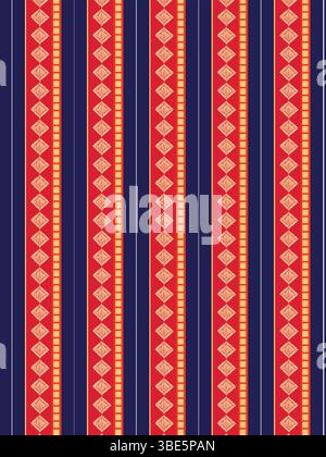 Striped pattern design with red and gold diamond motifs on a dark blue background Stock Vector