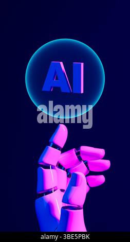 A robotic hand grips a glowing bubble with AI against a dark backdrop, symbolizing progress in artificial intelligence. Stock Photo