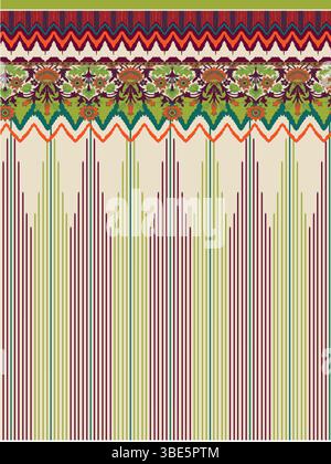 Vibrant geometric textile design with ikat and stripe patterns Stock Vector