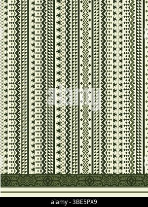 Olive green and beige geometric textile pattern with vertical stripes and tribal motifs Stock Vector