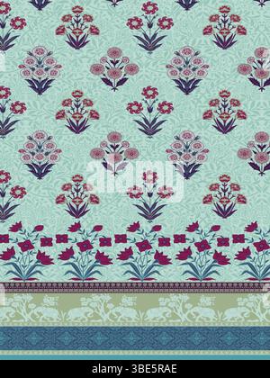 Elegant teal and burgundy floral textile design with intricate border Stock Vector