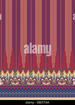 Crimson and gold vertical stripe textile design with floral border Stock Vector